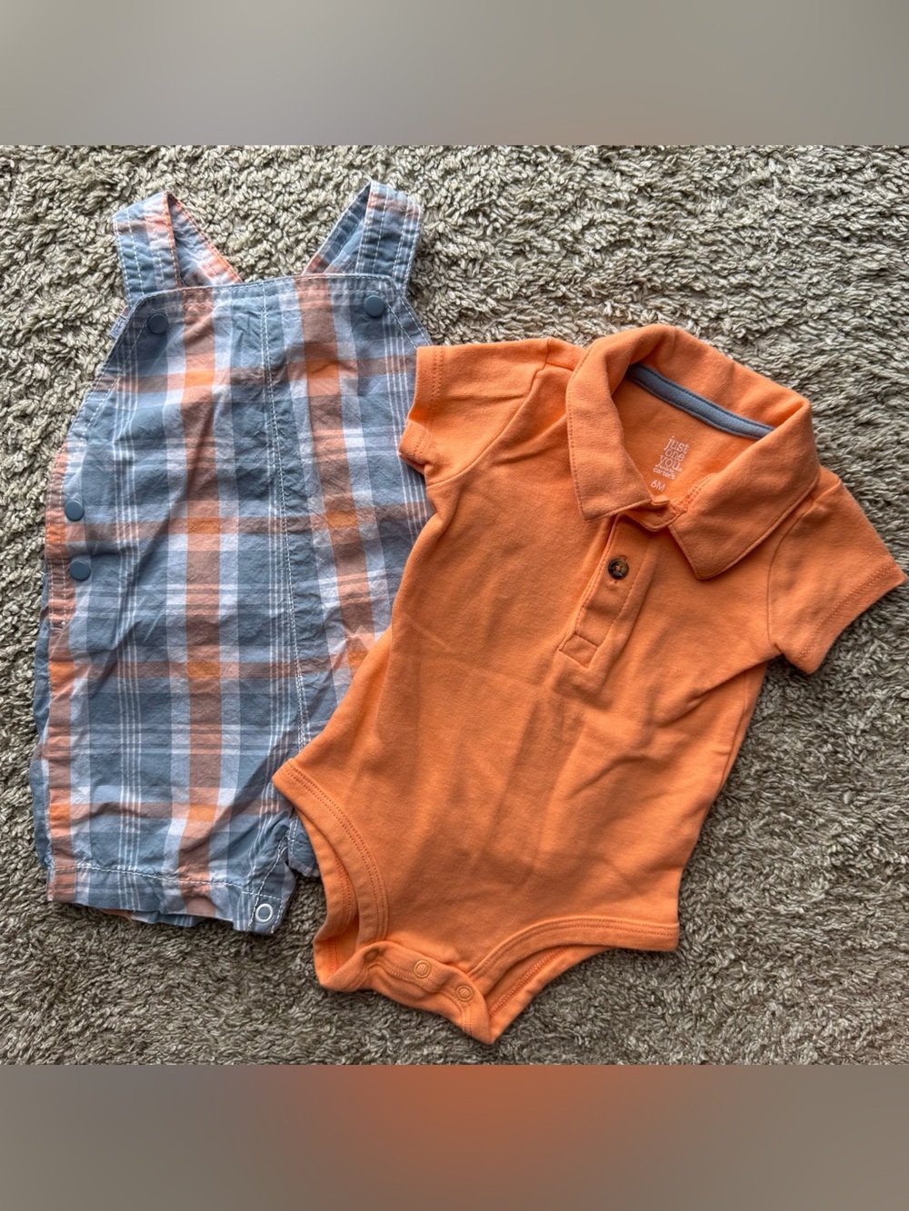 Carter’s Baby Boy 6M Plaid Shortall Romper + Orange Polo Onesie Outfit